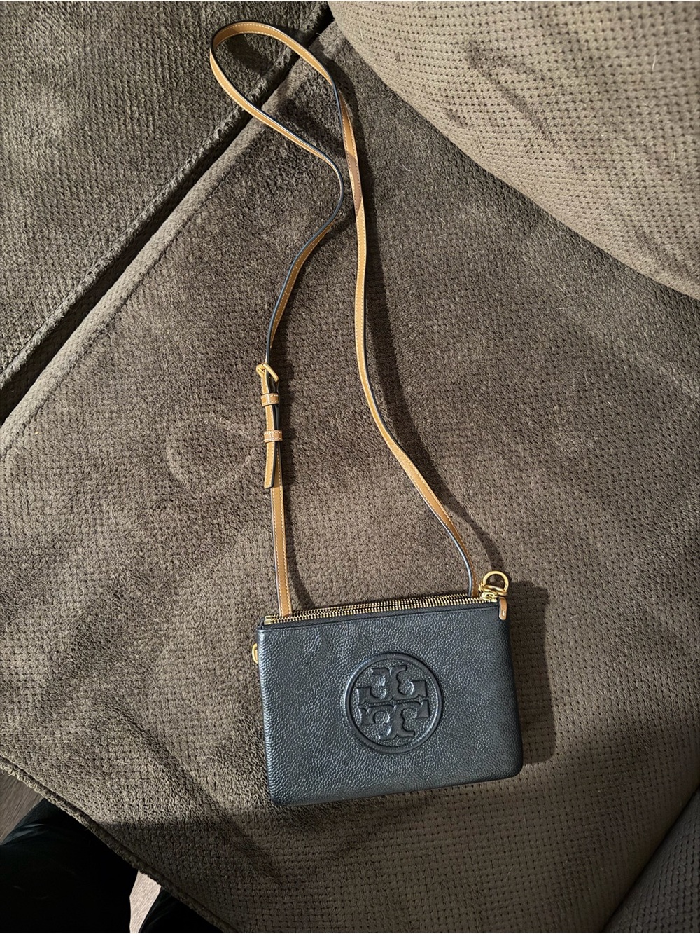 Tory Burch Black Pebbled Leather Crossbody with Tan Strap